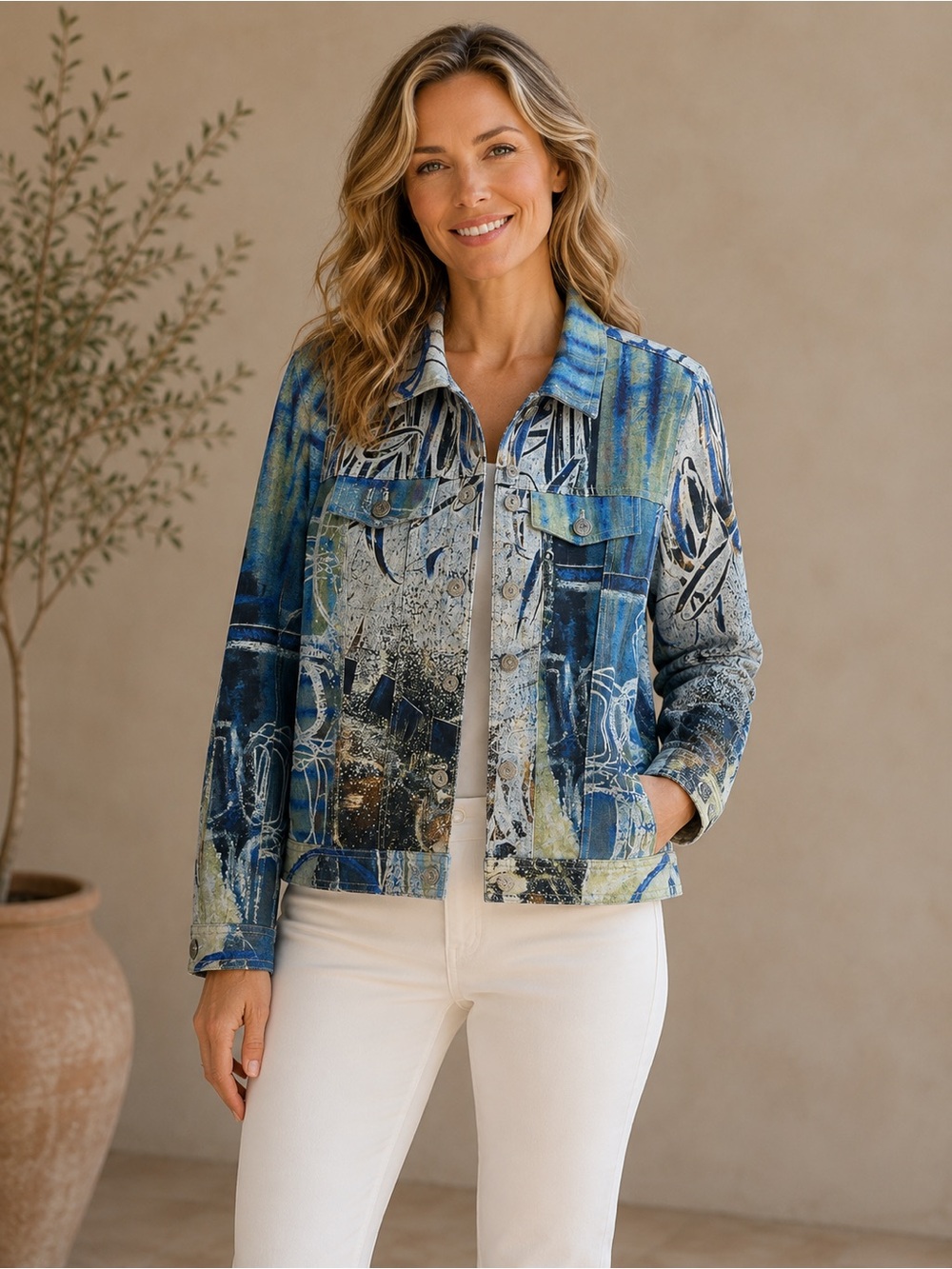 Simply Art by Dolcezza Abstract Print Stretch Jacket Blue White Size Medium